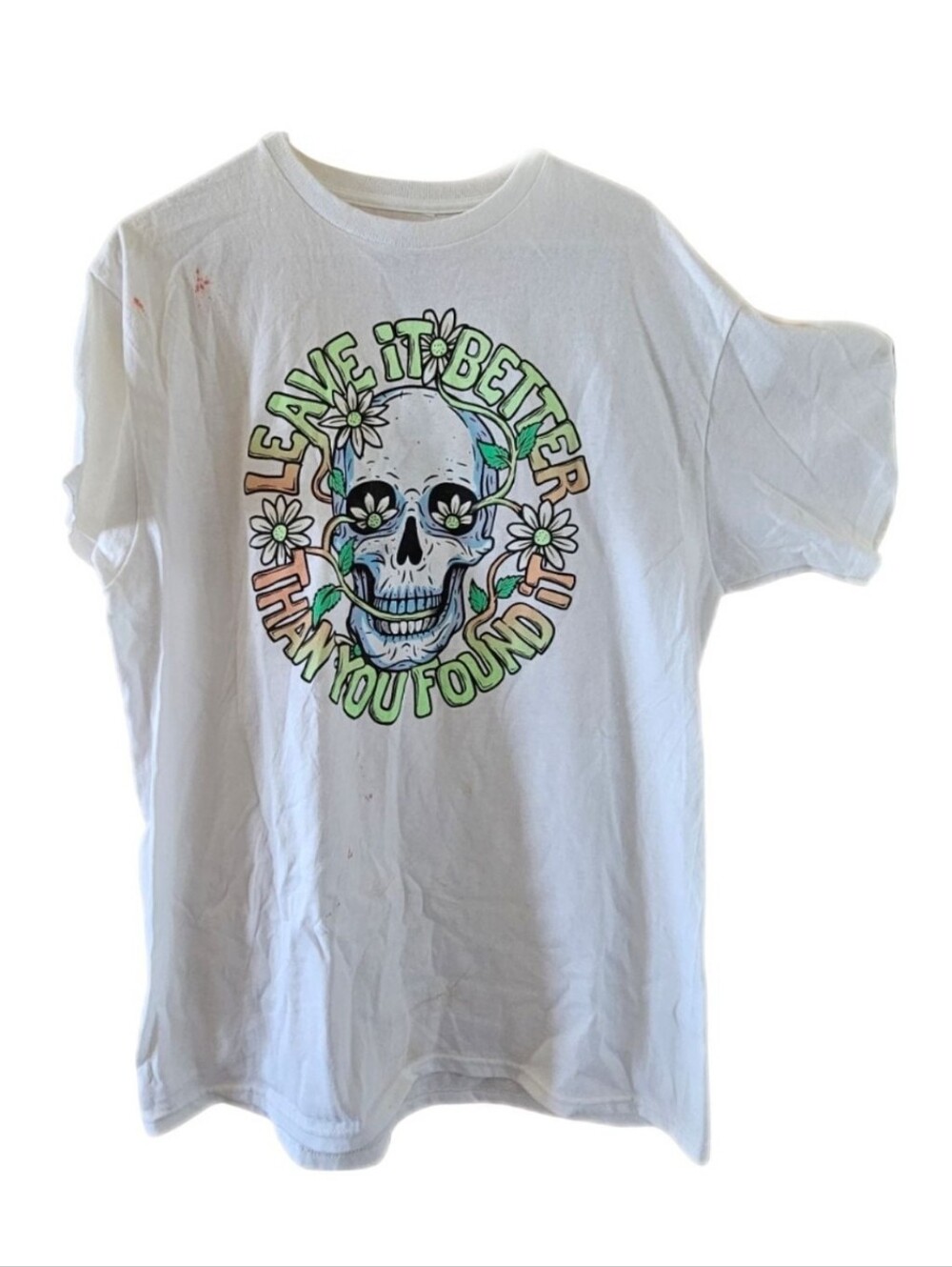 White Graphic Tee with Skull & Daisy Design